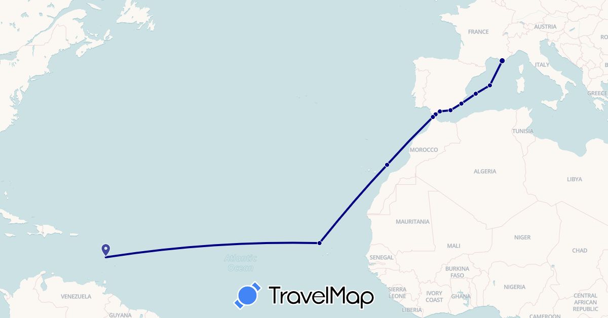TravelMap itinerary: driving in Cape Verde, Spain, France, Gibraltar, Morocco (Africa, Europe)